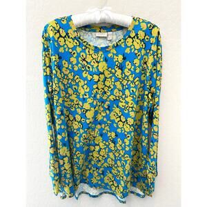 LOGO by LORI GOLDSTEIN | Floral Print Long Sleeve Top Blue Yellow | Size Large